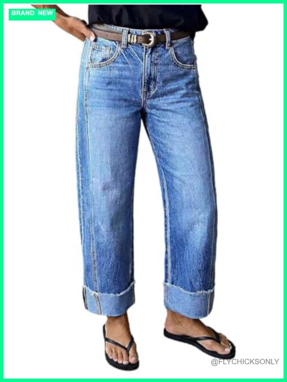 Mid Rise Straight Leg Seam Front Roll Raw Hem Jeans